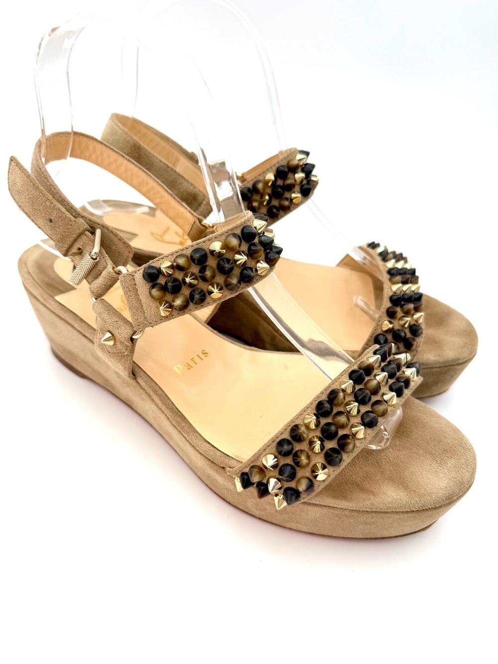 Christian Louboutin Bikee Deck Tan Suede Spiked Platform Sandals Size 38.5 / 8.5